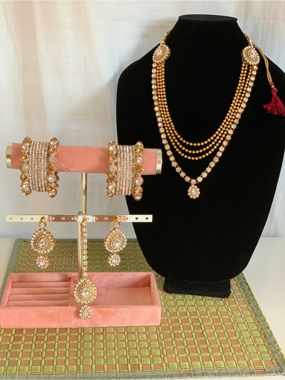 Indian Pakistani Jewelry Bridal Set-Layered CZ Necklace Earrings Bangles &Tikka